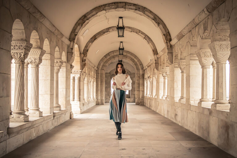 Budapest photographer for tourists captures tourist at fisherman's bastion