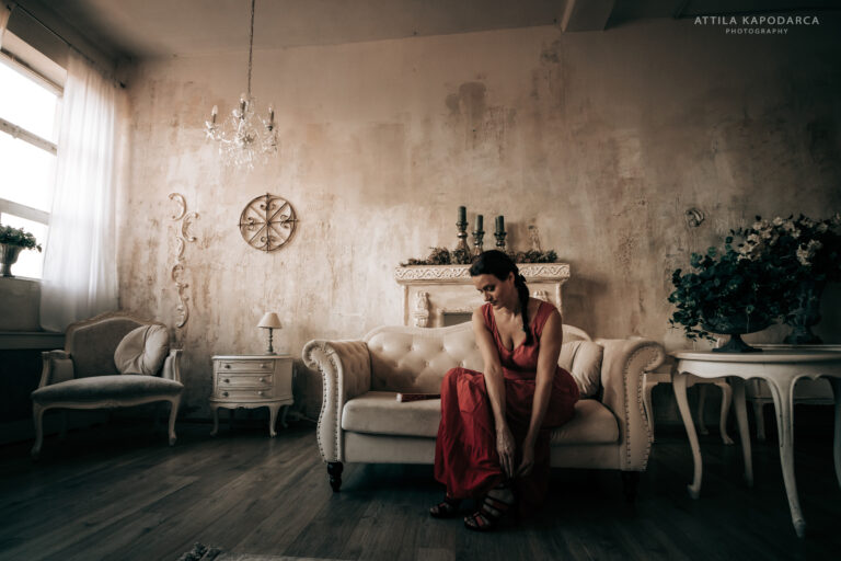 Budapest studio photography portraits woman red dress