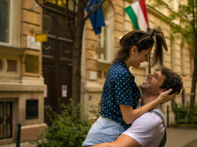 Happy vacation couple in Budapest captured by Budapest photographer for tourists