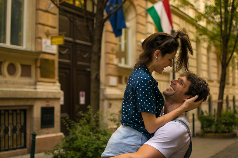 Happy vacation couple in Budapest captured by Budapest photographer for tourists